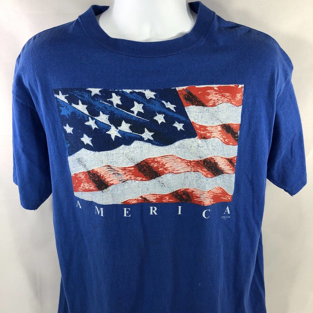 Vintage American Flag America Single Stitch T Shirt Blue USA Made Oneita XL 90s